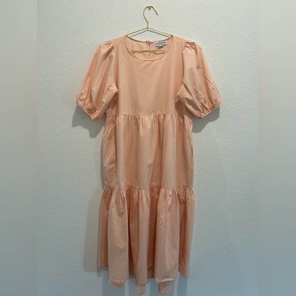 Charlie Holiday Anthropologie Blush Pink puff sleeve poplin tiered cotton Dress